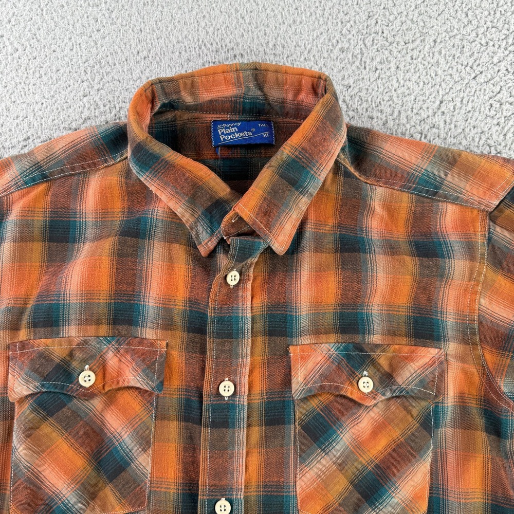 Vintage JC Penney Plain Pockets Flannel Shirt Mens XL Tall Orange Plaid Cotton‎